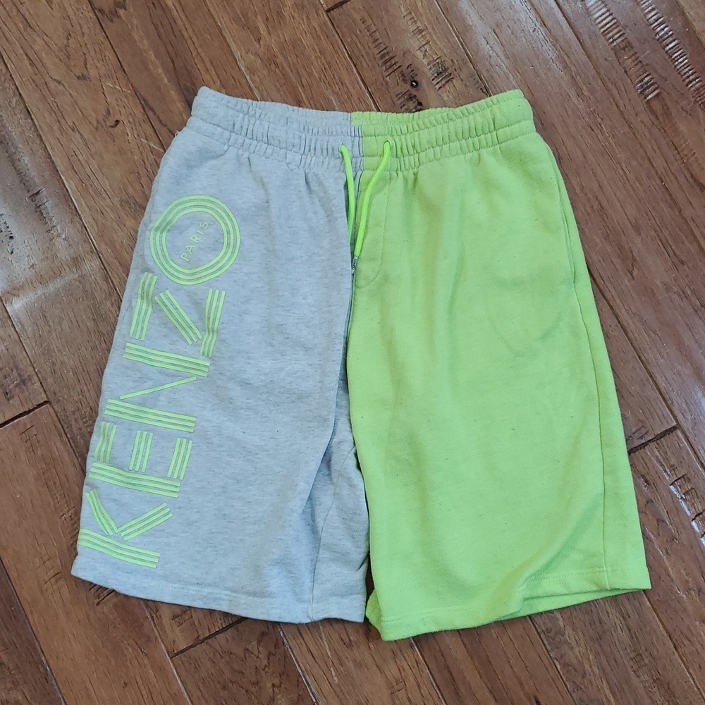 Kenzo Gray and Neon Green Logo Shorts